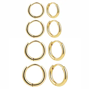 Set of gold-plated stainless steel hoop earrings in four different sizes shown.