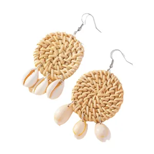 Retro handmade round rattan drop earrings with natural white shell charms on hooks