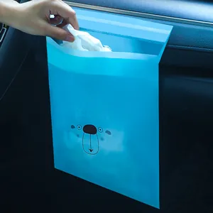 Blue disposable self-adhesive car trash bag with cute animal print for vehicle interior