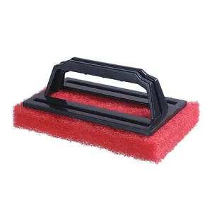 Durable cleaning brush with red scouring pad and ergonomic handle for bathroom and kitchen