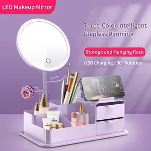 Μωβ καθρέφτης μακιγιάζ LED με θήκη οργάνωσης, 3 λειτουργίες φωτισμού και περιστροφή 90°