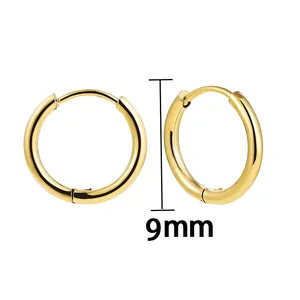 Minimalist gold stainless steel 9mm hoop earrings detail showing outer diameter.