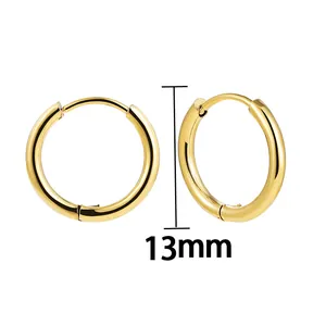Detailed macro view of 13mm minimalist gold-finished stainless steel hoop earrings