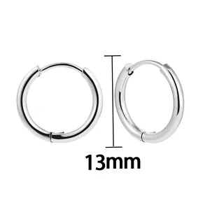 Close-up detail of minimalist stainless steel hoop earrings with a 13mm diameter measurement