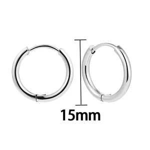 Close-up of 15mm stainless steel hoop earrings with minimalist silver finish