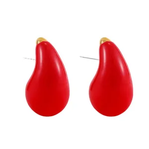 Boucles d'oreilles boutons gouttes rouges modernes avec finition émail brillant et doré