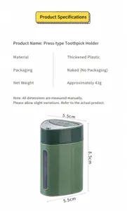 Detail view of push-type toothpick box showing 5.5x5.5x8.5cm dimensions and specs