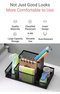 Détail d'un organiseur de bureau en maille métallique noire à compartiments multiples