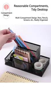 Gros plan sur un organiseur de bureau en maille métallique noire pour fournitures