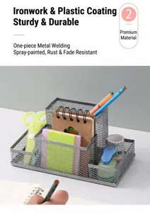 Organisateur de bureau multifonction en maille métallique avec fournitures de bureau.