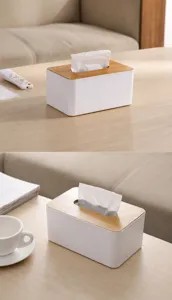 Scatola per fazzoletti nordica minimalista con coperchio in legno e base bianca