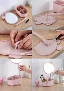 Guía de montaje paso a paso para espejo de maquillaje con base de almacenaje.