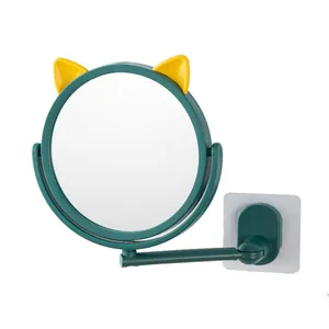 Wall-mounted makeup mirror with cute cartoon cat ears and adjustable 360-degree rotating arm