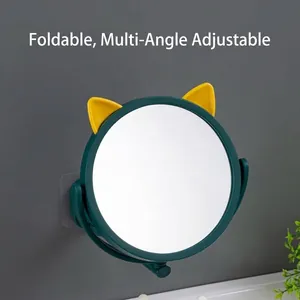 Wall-mounted bathroom makeup mirror with cute cartoon cat ears and foldable swivel design