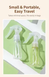 Detail of two 60ml portable plastic spray bottles on green blocks for travel use