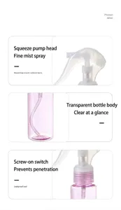 Detailed features of portable travel spray bottle with fine mist pump and leak-proof seal.