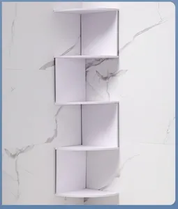 Detailed view of minimalist white 5-tier zigzag corner floating shelf against marble wall