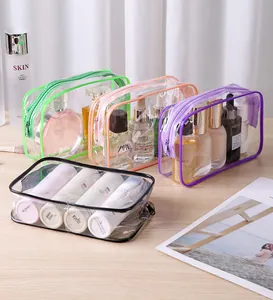 Transparent waterproof PVC toiletry bags in various colors filled with beauty products