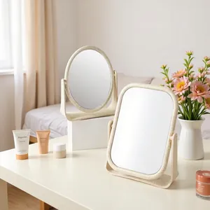 Desktop Doppelseitiger Weizenstroh Make-up Spiegel Drehbarer Faltbarer Stehender Tischspiegel Für Schlafzimmer Wohnheim Damen Schönheit