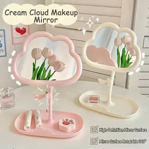 Cloud Shaped Desktop Makeup Mirror With Jewelry Storage Tray Base 360 Rotation Rotating Vanity Mirror For Bedroom Dorm Decor