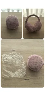 Détail de cache-oreilles en peluche pliables avec sac d'emballage et dimensions