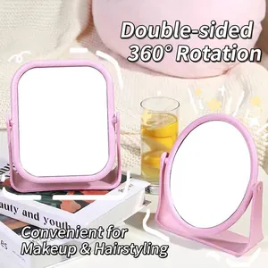 Rosa Tisch-Schminkspiegel-Set mit doppelseitigen 360-Grad-Spiegeln in quadratischer und ovaler Form.