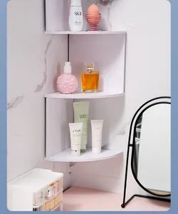 Minimalist 3-tier white wall-mounted corner shelf for organizing skincare in bathroom