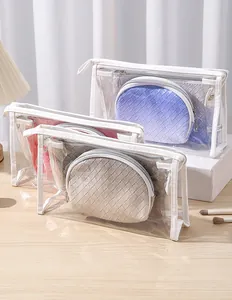 Three-piece set of transparent and woven toiletry bags for travel organization
