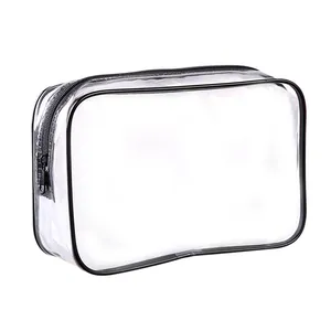 Clear waterproof PVC toiletry bag with black zipper for portable travel organization.