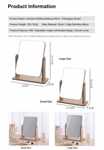 Desktop wooden rotating makeup mirror with detailed dimensions for large and small sizes.