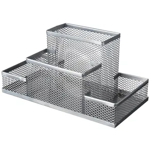 Multifunktionaler Schreibtisch-Organizer aus silbernem Metallgeflecht mit drei Fächern