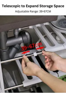 Detail van de 39 tot 67 cm uitschuifbare en verstelbare breedte van het gootsteenrekje