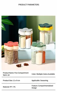 Spécifications détaillées du pot à épices 5-en-1 avec taille 11x9cm et matériau PP+PS.