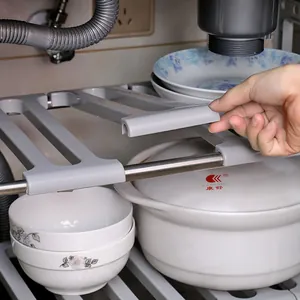 Adjustable stainless steel under sink organizer rack with grey plastic storage panels