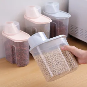 Airtight plastic grain storage containers with measuring cup lids for kitchen pantry.