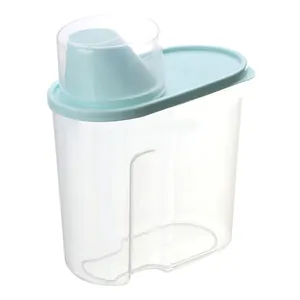 Transparent airtight rice storage container with light blue lid and integrated measuring cup