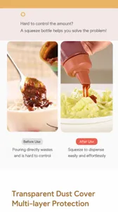 Comparison showing squeeze bottle sauce dispenser vs messy traditional spoon usage
