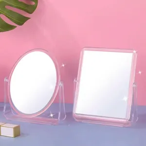 Transparent Double-Sided Desktop Makeup Mirror 360 Degree Rotating Plastic Frame Square Round Dressing Table Mirror For Women Home Bedroom Decor