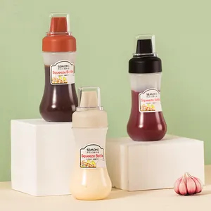 Set of three 5-hole squeeze condiment bottles with dust caps for kitchen sauces