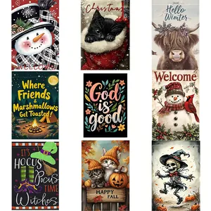 Collage of colorful double-sided holiday garden flags featuring various seasonal designs.