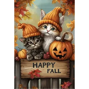 Close-up of autumn garden flag featuring cute kittens with pumpkins and Happy Fall text