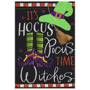 Detailed view of Halloween garden flag with witch hat and Hocus Pocus text design