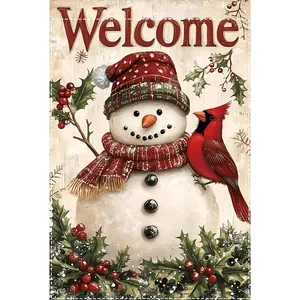 Detailed close-up of a festive holiday garden flag with a snowman and cardinal bird design