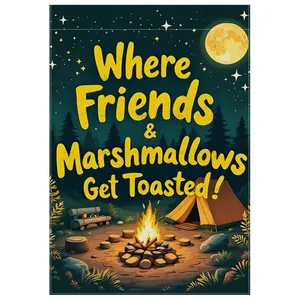 Detail of camping garden flag featuring campfire bonfire and marshmallows text