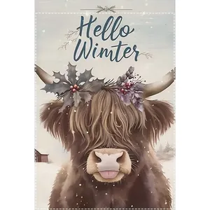 Detailed view of a cute Highland cow wearing holly crown on a winter garden flag