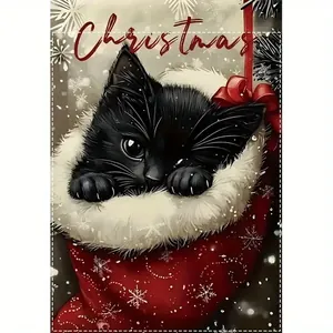 Detailed illustration of a black cat in a red Christmas stocking on a garden flag