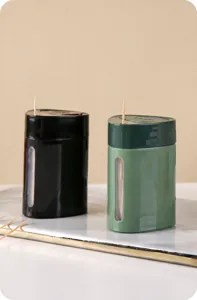Portable plastic toothpick box with transparent viewing window in black and green
