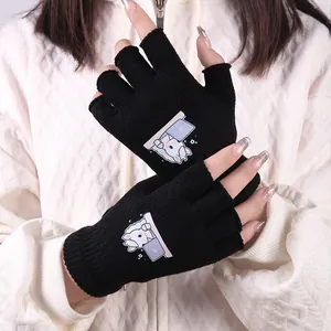 Winter Cartoon Druck Halbfinger Handschuhe Warme Gestrickte Fingerlose Handschuhe Für Studenten Büro Damen Täglich