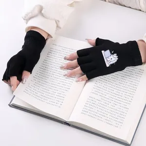 Schwarze fingerlose Strickhandschuhe mit süßem Cartoon-Druck für Büro und Studium
