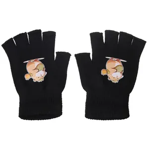 Niedliche schwarze fingerlose Strickhandschuhe mit Hamster-Print für den Winter